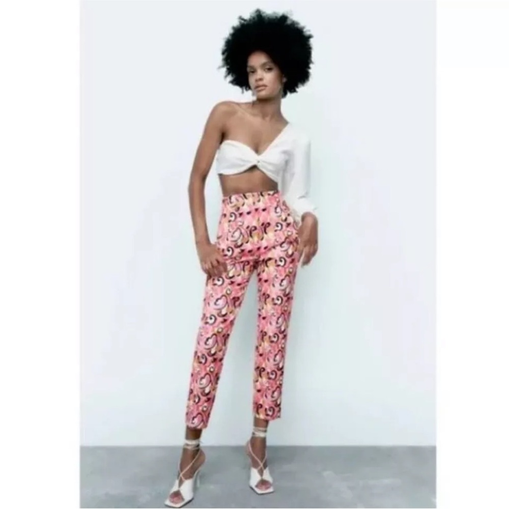 ZARA Paisley Floral High Waisted Ankle Crop Pleated Trouser Pants PINK/MULTI NEW - Picture 2 of 5
